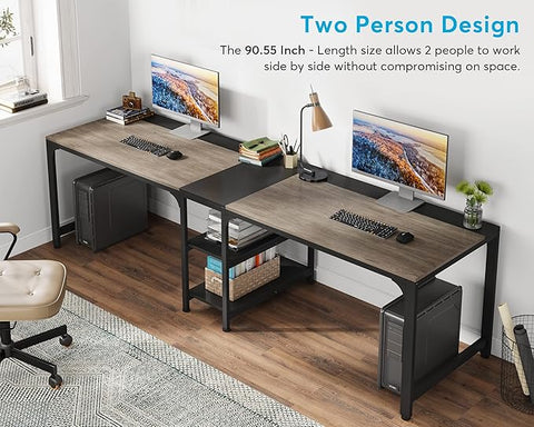 OfficeIn 90.55” Extra Long Double Desk with Storage Shelves – Two-Person Workstation, Spacious Computer Desk for Home Office (Black & Gray)