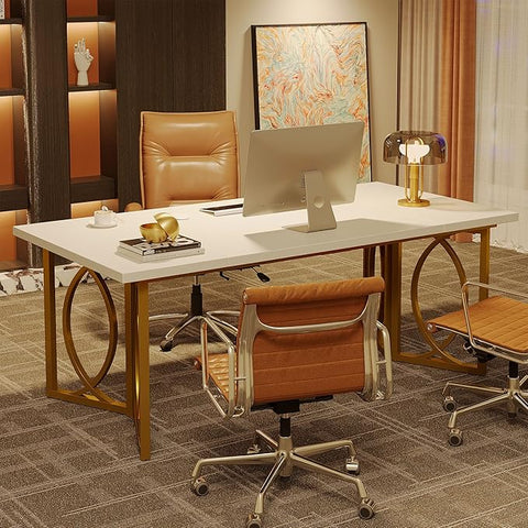 OfficeIn 70.9” Modern Home Office Desk – Large Wood Computer Desk with Gold Metal Frame, Simple Study Writing Table Workstation for Bedroom & Office, White/Gold