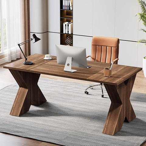 OfficeIn 63" Executive Desk – Large Office Computer Desk with X-Shaped Thickened Wood Pedestal Base, Modern Workstation Writing Table & Conference Table for Home Office