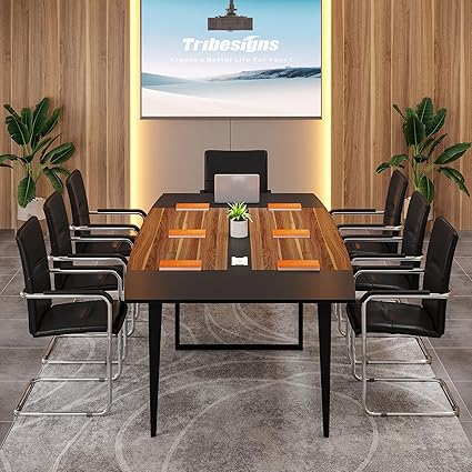 OfficeIn 8FT Boat-Shaped Conference Table – Modern Boardroom Desk (Walnut & Black)