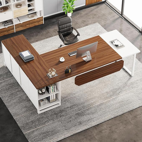 OfficeIn 70.8" L-Shaped Executive Desk with 55" File Cabinet – Large Home Office Desk with Storage, Walnut & White