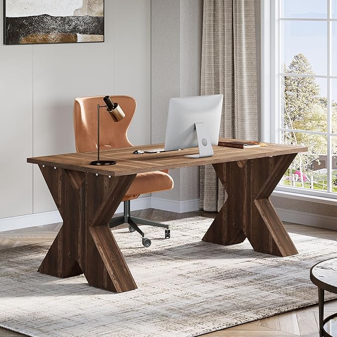 OfficeIn 63" Executive Desk – Large Office Computer Desk with X-Shaped Thickened Wood Pedestal Base, Modern Workstation Writing Table & Conference Table for Home Office