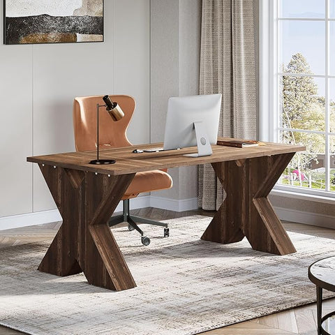 OfficeIn 63" Executive Desk – Large Office Computer Desk with X-Shaped Thickened Wood Pedestal Base, Modern Workstation Writing Table & Conference Table for Home Office