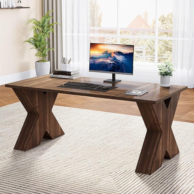 OfficeIn 63" Executive Desk – Large Office Computer Desk with X-Shaped Thickened Wood Pedestal Base, Modern Workstation Writing Table & Conference Table for Home Office