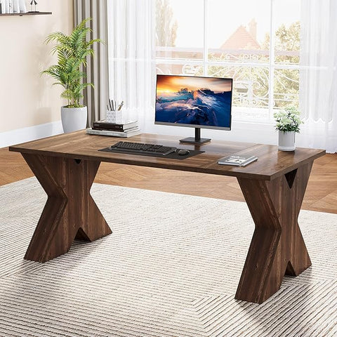 OfficeIn 63" Executive Desk – Large Office Computer Desk with X-Shaped Thickened Wood Pedestal Base, Modern Workstation Writing Table & Conference Table for Home Office