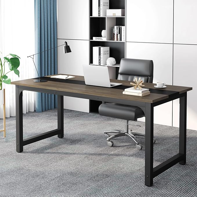OfficeIn 70.8” Executive Desk – Large Home Office Workstation, Thick Frame, Vintage Grey/Black