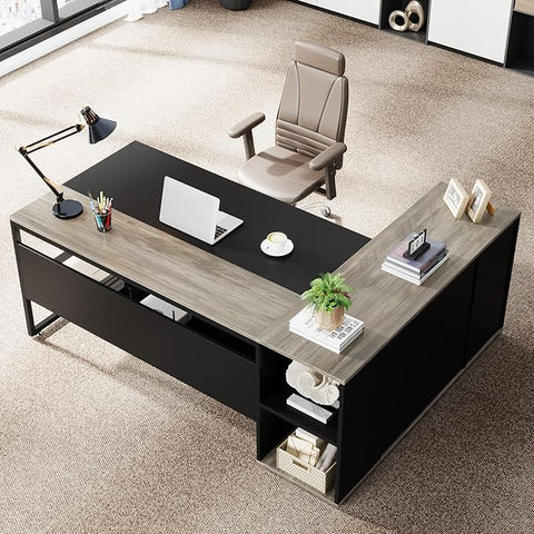 OfficeIn 71" L-Shaped Executive Desk with Cabinet Storage – Business Office Table with Shelves, Modern Workstation for Home Office, Gray
