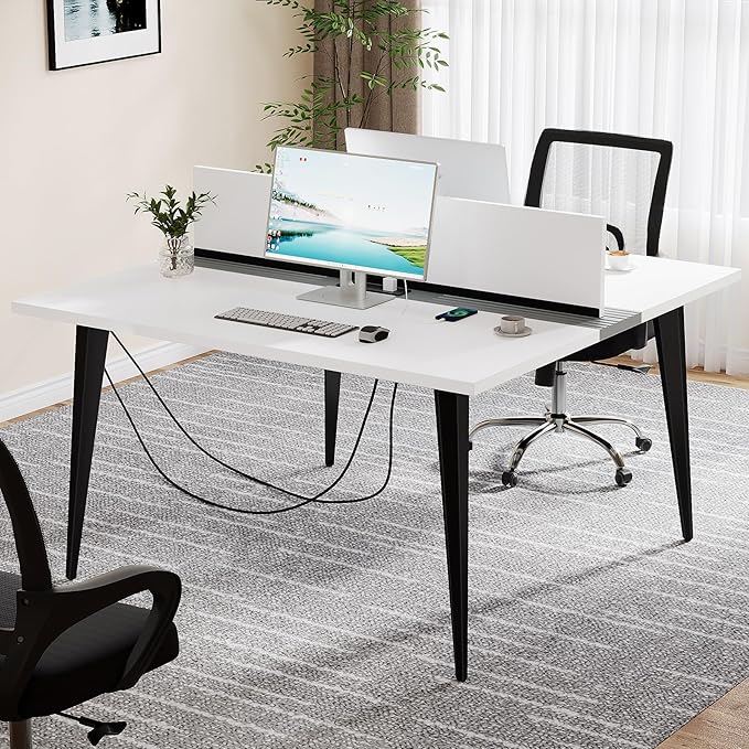 OfficeIn 47” Square Office Desk with Power Outlet – Modern 2-Person Desk with Tabletop Divider for Home Office, White