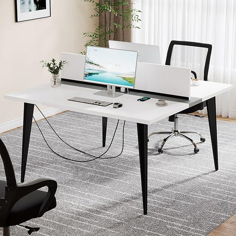 OfficeIn 47” Square Office Desk with Power Outlet – Modern 2-Person Desk with Tabletop Divider for Home Office, White