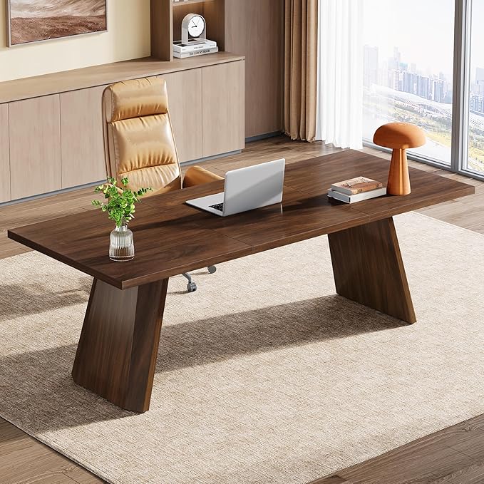 Solid Wood Executive Desk – Large Industrial Home Office Desk, Sturdy Business Workstation & Conference Table in Brown Finish