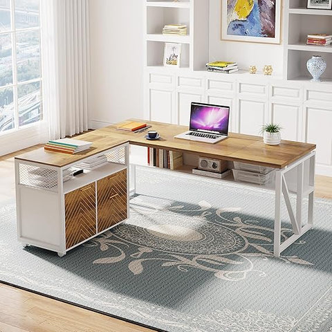 OfficeIn 63" L-Shaped Executive Desk & File Cabinet – 2-Piece Home Office Set, Walnut