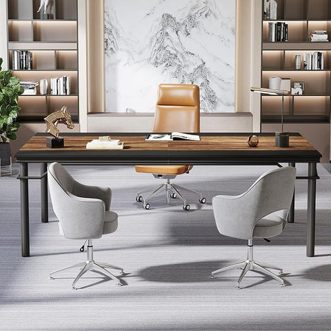 OfficeIn 78.74” Executive Desk – Extra Large Computer Desk Workstation, Modern Business Furniture for Home Office, Rustic Brown/Black