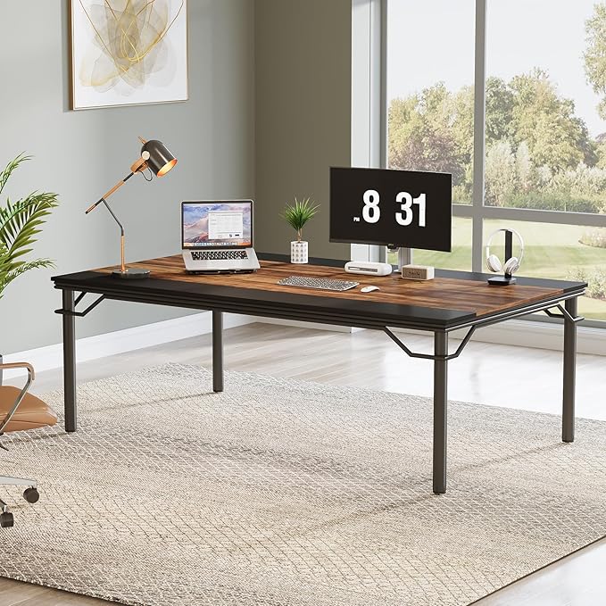 OfficeIn 78.74” Executive Desk – Extra Large Computer Desk Workstation, Modern Business Furniture for Home Office, Rustic Brown/Black