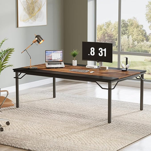 OfficeIn 78.74” Executive Desk – Extra Large Computer Desk Workstation, Modern Business Furniture for Home Office, Rustic Brown/Black