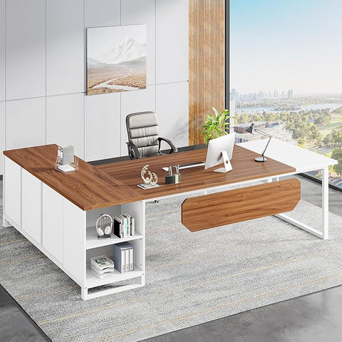OfficeIn 70.8" L-Shaped Executive Desk with 55" File Cabinet – Large Home Office Desk with Storage, Walnut & White