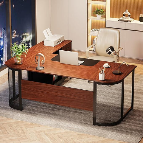 OfficeIn 63” L-Shaped Executive Desk & 31” File Cabinet – Home Office Desk with Drawer & Storage Shelves, Large Computer Workstation Business Furniture