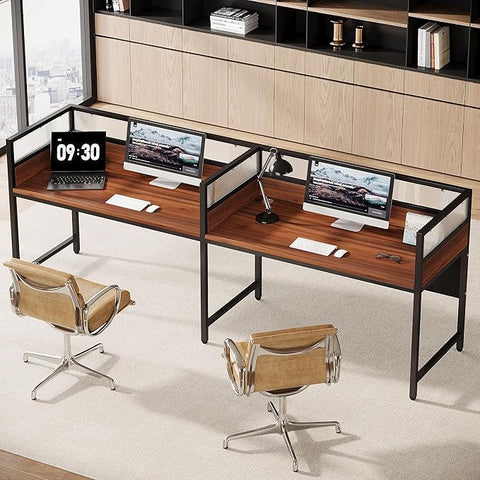 OfficeIn 94.48" Two-Person Office Desk with Privacy Panel – Long Modular Workstation Desk with Wire Grommet, Brown & Black