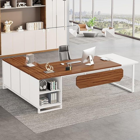 OfficeIn 70.8" L-Shaped Executive Desk with 55" File Cabinet – Modern Walnut & White Home Office Desk with Storage