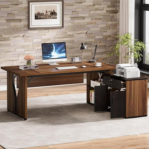 L-Shaped Executive Office Desk with Cabinet – Large Computer Desk with Locking Drawer & Storage Shelves | Business Workstation for Home Office