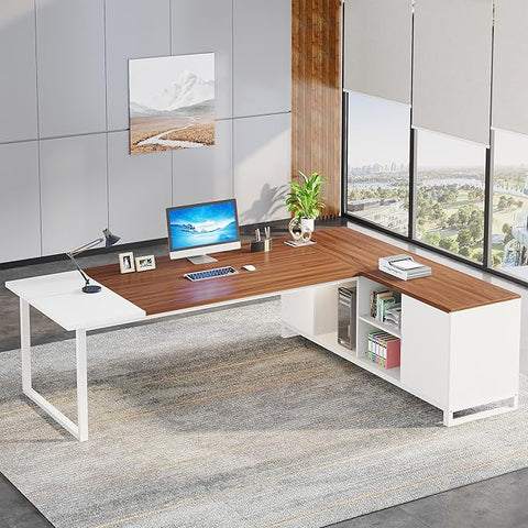 OfficeIn 70.8" L-Shaped Executive Desk with 55" File Cabinet – Large Home Office Desk with Storage, Walnut & White