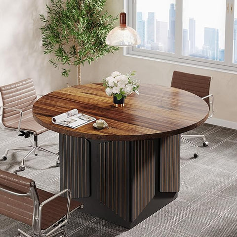 OfficeIn 47" Round Conference Table – Modern Meeting Table for 4, Small Business & Office Use (Brown & Black)