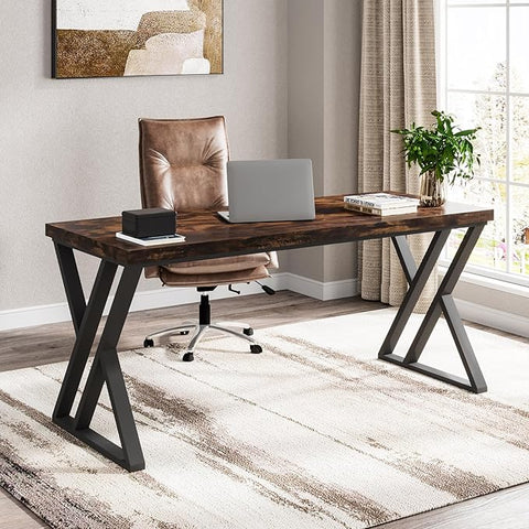 OfficeIn 55” Writing Desk – Heavy-Duty Computer Desk with Z-Shaped Metal Legs, Modern Home Office Study Table, Rustic Brown