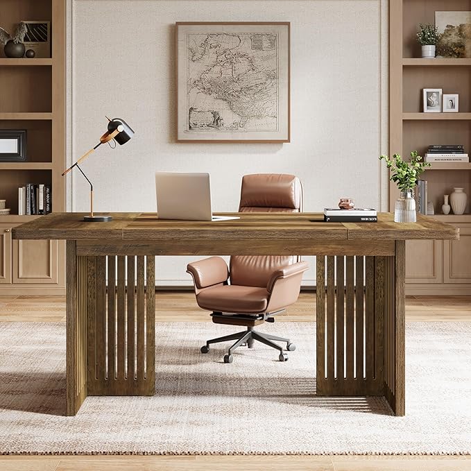 OfficeIn 63” Executive Desk – Large Computer Desk with Sturdy Wood Legs & Thick Tabletop, Mid-Century Modern Writing Table Workstation for Home Office, Rustic Brown