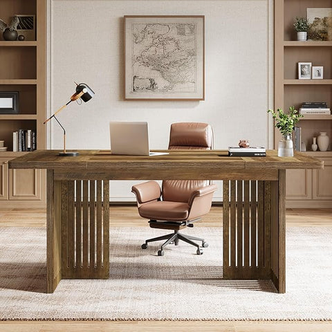 OfficeIn 63” Executive Desk – Large Computer Desk with Sturdy Wood Legs & Thick Tabletop, Mid-Century Modern Writing Table Workstation for Home Office, Rustic Brown