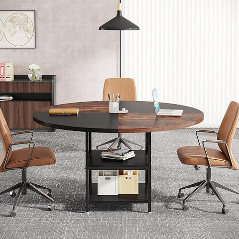 Round Conference Table – Modern Office Meeting Table for 4–6 People with Storage Shelf & Sturdy Metal Legs