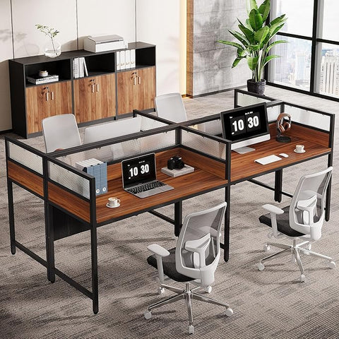 OfficeIn 94.48" Two-Person Office Desk with Privacy Panel – Long Modular Workstation Desk with Wire Grommet, Brown & Black