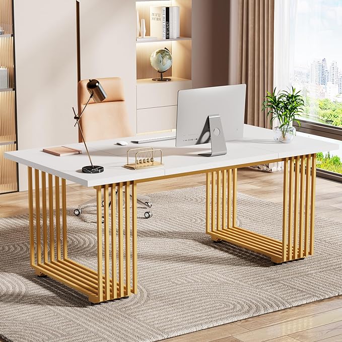 OfficeIn 70.9” Modern Executive Desk – White Computer Desk with Gold Metal Legs, Large Home Office Workstation, Study Writing Table, Small Conference Table