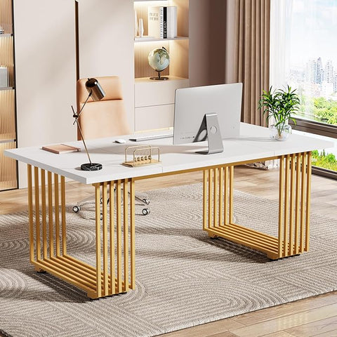 OfficeIn 70.9” Modern Executive Desk – White Computer Desk with Gold Metal Legs, Large Home Office Workstation, Study Writing Table, Small Conference Table