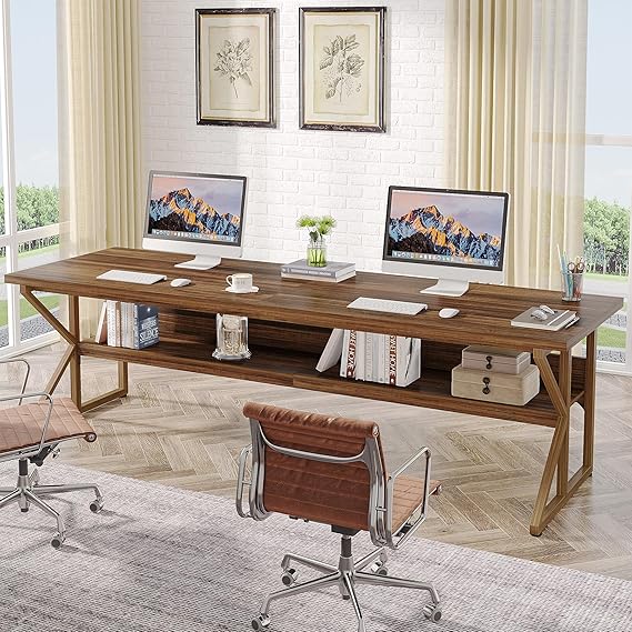 OfficeIn 79” Extra Long Double Desk – Two-Person Workstation with Storage Shelf, Spacious Writing Table for Home Office & Study (Brown)