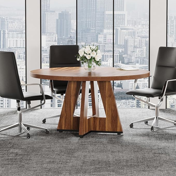 OfficeIn 47" Round Conference Table – Wooden Meeting Table for 4-6, Sturdy Base & Thick Top (Walnut)