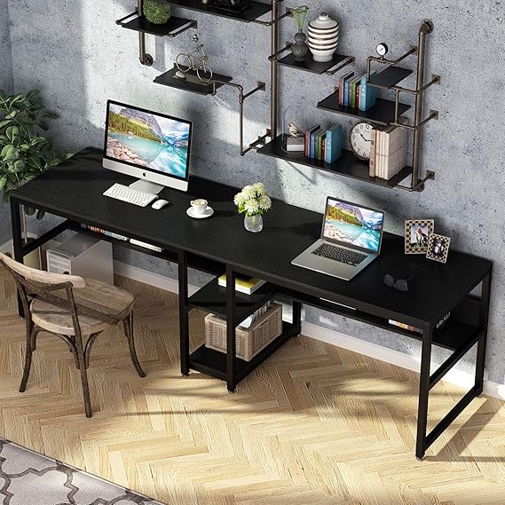 Double Computer Desk with Bookshelf – Two-Person Workstation, Rustic Writing Desk for Home Office (Black)