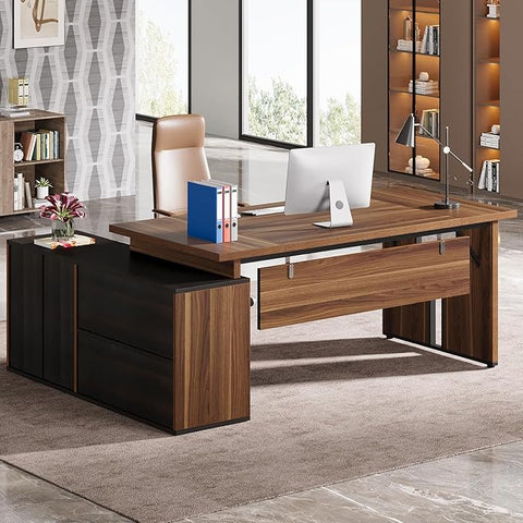 L-Shaped Executive Office Desk with Cabinet – Large Computer Desk with Locking Drawer & Storage Shelves | Business Workstation for Home Office