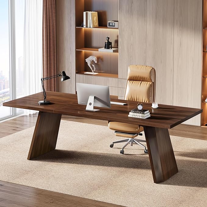 Solid Wood Executive Desk – Large Industrial Home Office Desk, Sturdy Business Workstation & Conference Table in Brown Finish