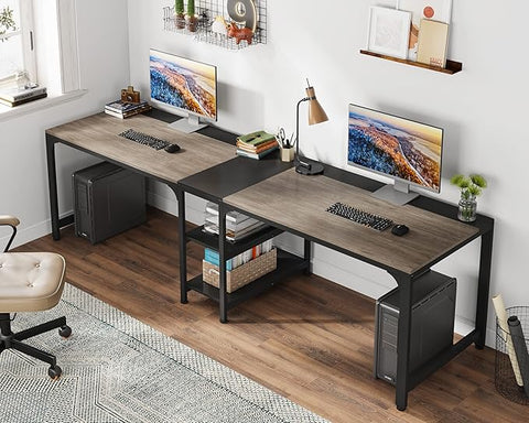 OfficeIn 90.55” Extra Long Double Desk with Storage Shelves – Two-Person Workstation, Spacious Computer Desk for Home Office (Black & Gray)