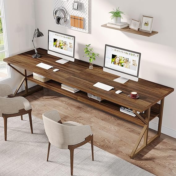 OfficeIn 79” Extra Long Double Desk – Two-Person Workstation with Storage Shelf, Spacious Writing Table for Home Office & Study (Brown)