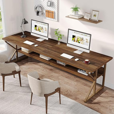 OfficeIn 79” Extra Long Double Desk – Two-Person Workstation with Storage Shelf, Spacious Writing Table for Home Office & Study (Brown)