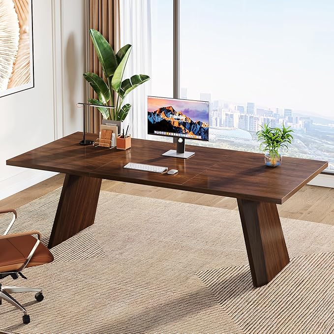 Solid Wood Executive Desk – Large Industrial Home Office Desk, Sturdy Business Workstation & Conference Table in Brown Finish