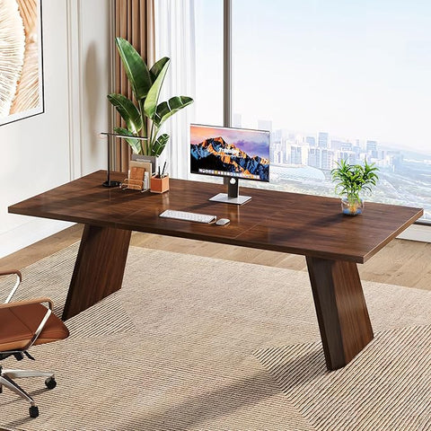 Solid Wood Executive Desk – Large Industrial Home Office Desk, Sturdy Business Workstation & Conference Table in Brown Finish