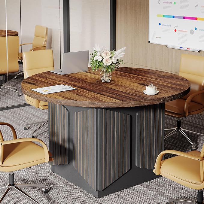 OfficeIn 47" Round Conference Table – Modern Meeting Table for 4, Small Business & Office Use (Brown & Black)