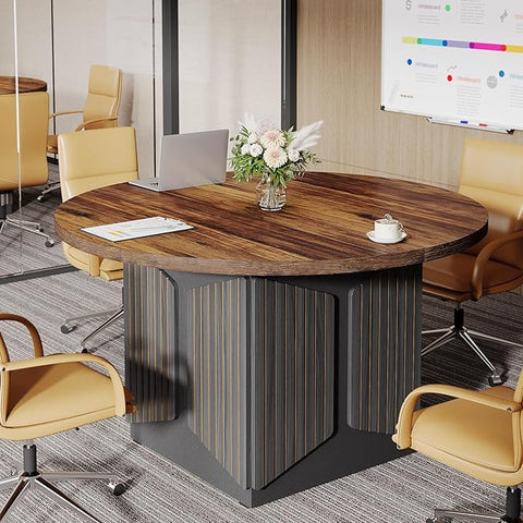 OfficeIn 47" Round Conference Table – Modern Meeting Table for 4, Small Business & Office Use (Brown & Black)