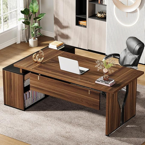 L-Shaped Executive Office Desk with Cabinet – Large Computer Desk with Locking Drawer & Storage Shelves | Business Workstation for Home Office