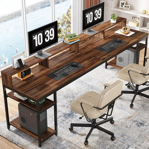 OfficeIn 2-Person Desk – 78.74" Double Workstation with Monitor Stand & Storage Shelves