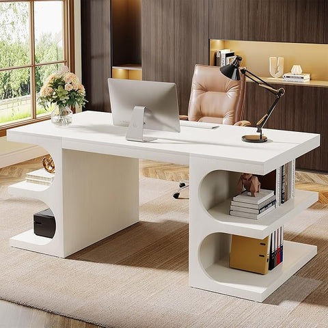 OfficeIn 62” Executive Desk – Large Home Office Computer Desk with Storage Shelves, Modern Workstation & Study Table, White