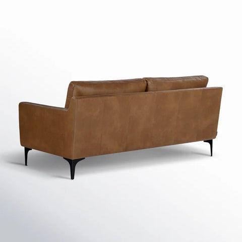 Modern Faux Leather Loveseat – Brown Leatherette Sofa with Track Arms, Black Metal Legs & Solid Wood Frame