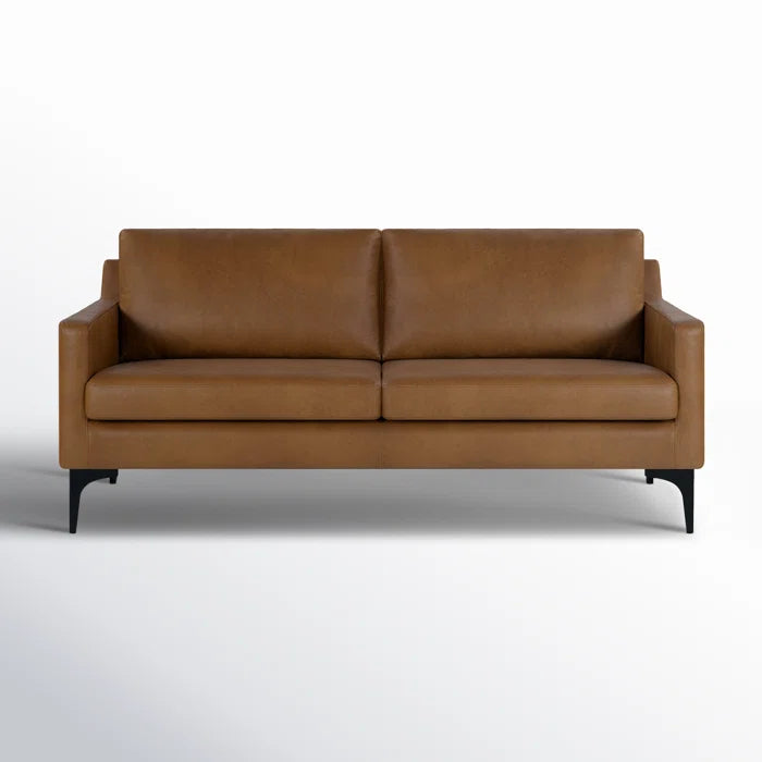 Modern Faux Leather Loveseat – Brown Leatherette Sofa with Track Arms, Black Metal Legs & Solid Wood Frame