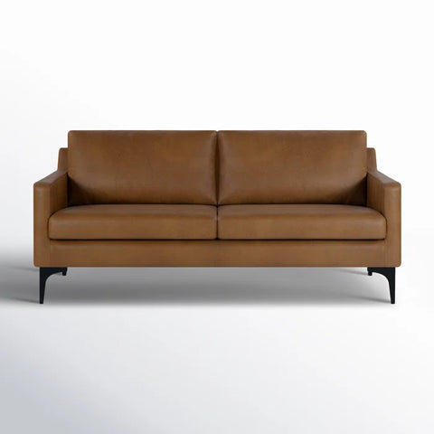 Modern Faux Leather Loveseat – Brown Leatherette Sofa with Track Arms, Black Metal Legs & Solid Wood Frame